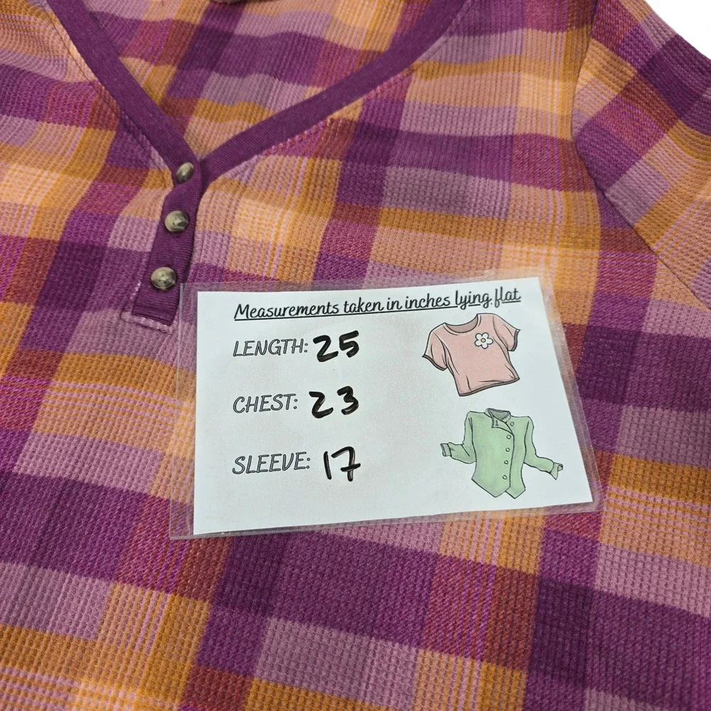 Terra & Sky Plus Size 1X Purple‎ Orange Plaid Waffle Knit Henley Top